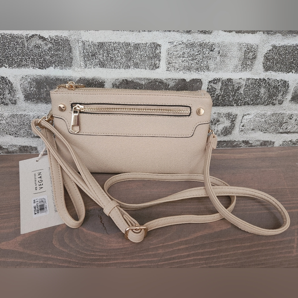 Isabelle Vegan Leather Beige Cross-body Wristlet Bag NWT